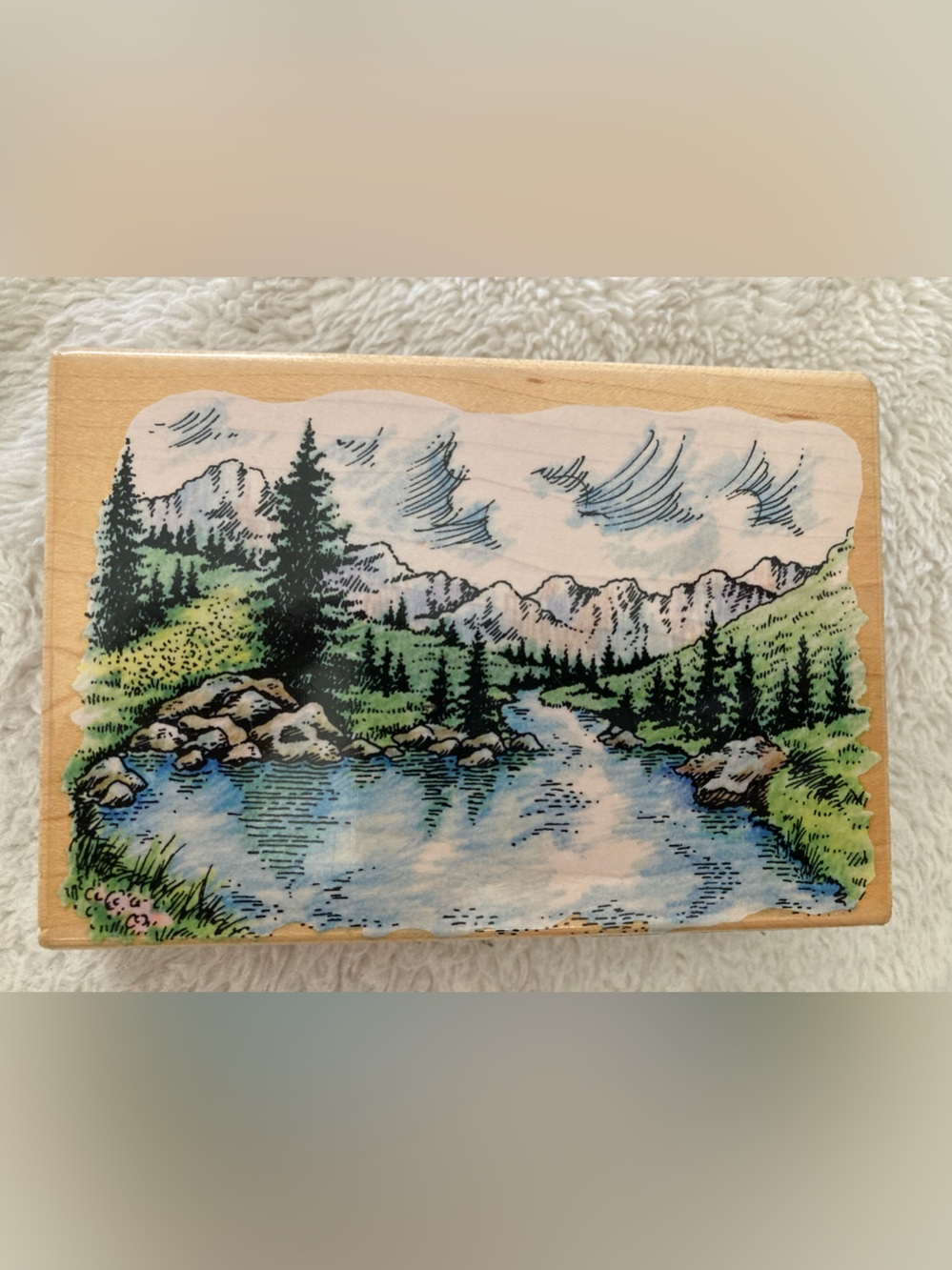 Mountain and river scene rubber stamp